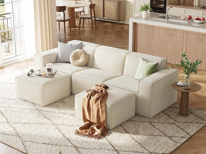 LINSY HOME Oversized Modular Sectional Sofa 105 Cloud Couch L Shaped 3-Seat Sofa with 2 Movable Ottomans Corduroy Sectional Couches for Living Room No Assembly Required Beige