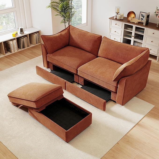 Modular Sectional Sofa with Pull Out Storage Drawers 78.7 L-Shaped Comfy Chenille 2-Seat Sofa with Storage Ottoman Upholstered Deep Loveseat Couch with 2 Pillows for Living Room Orange