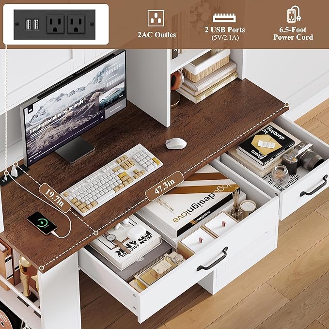 Keyluv 71 Tall Computer Desk with Hutch Cabinet Home Office Desk with Storage Drawers Shelves and Side Rack Wood Executive Desk with Doors Outlet Station and Smart LED Lights White