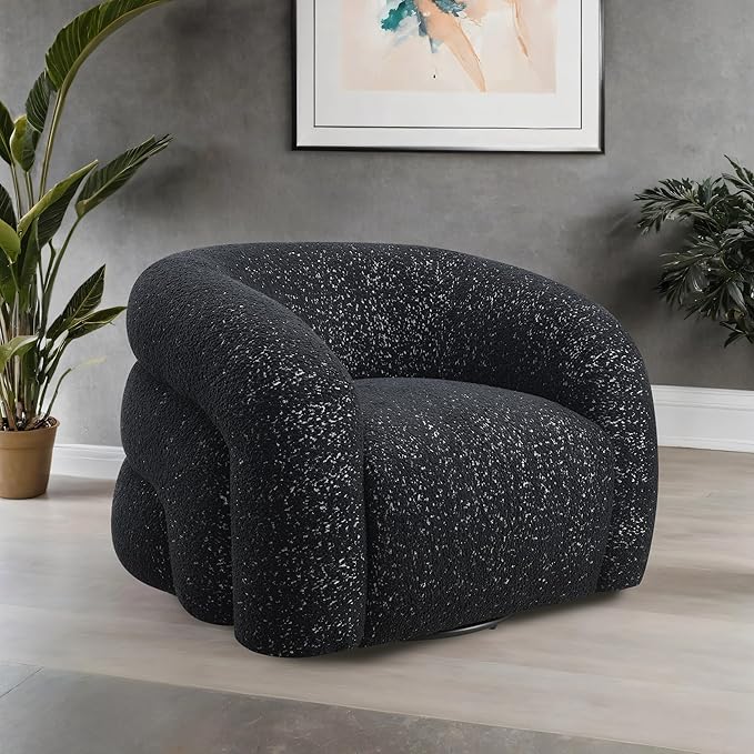 Furniture of America Araina Modern Boucle 37.4-inch Swivel Chair with 360-degree Swivel Base Sculptural Pillow-Like Silhouette for Living Room Office Black
