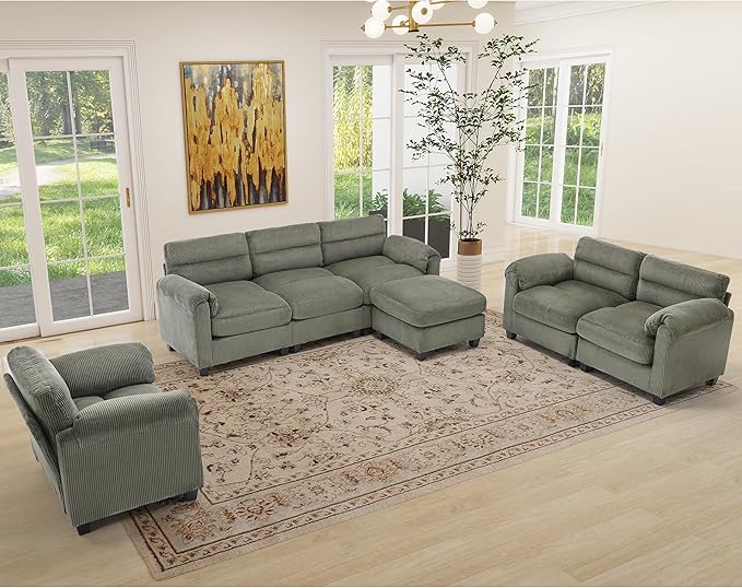 Corduroy Sofa Set Upholstered Armchair with Plush Cushions and Rolled Arms Modern Living Room Furniture SetsGreen