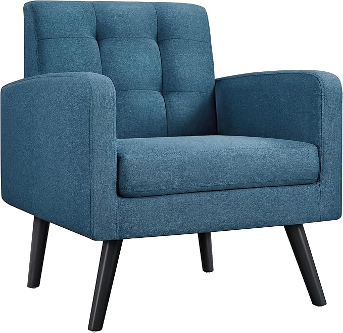 Yaheetech Mid-Century Accent Chairs Modern Upholstered Living Room Chair Cozy Armchair Button Tufted Back and Wood Legs for Bedroom/Office/Cafe Navy Blue