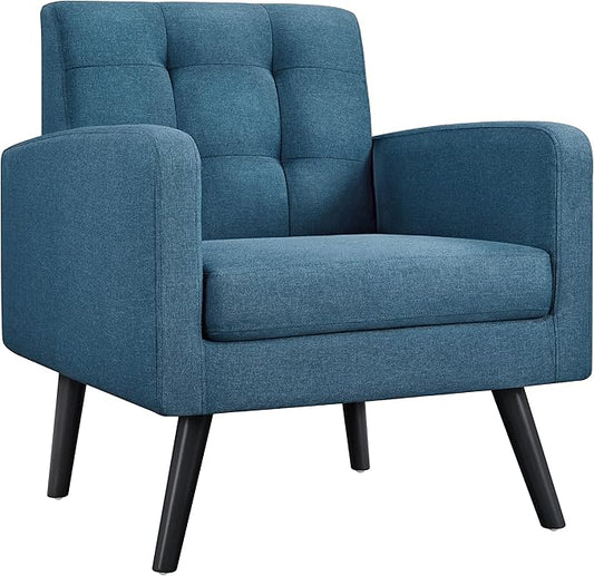 Yaheetech Mid-Century Accent Chairs Modern Upholstered Living Room Chair Cozy Armchair Button Tufted Back and Wood Legs for Bedroom/Office/Cafe Navy Blue