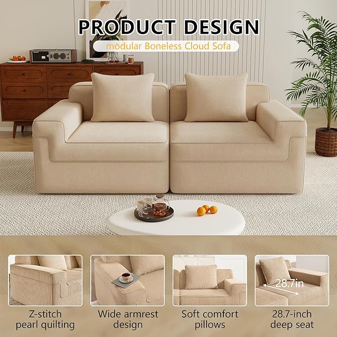 Boneless Couch81 No Assembly Oversize Modular Sectional Cloud CouchCompressed Sofa in a Box Solid Foam Corduroy Sofa with Ottoman for Living Room (Camel Corduroy2 Seats)