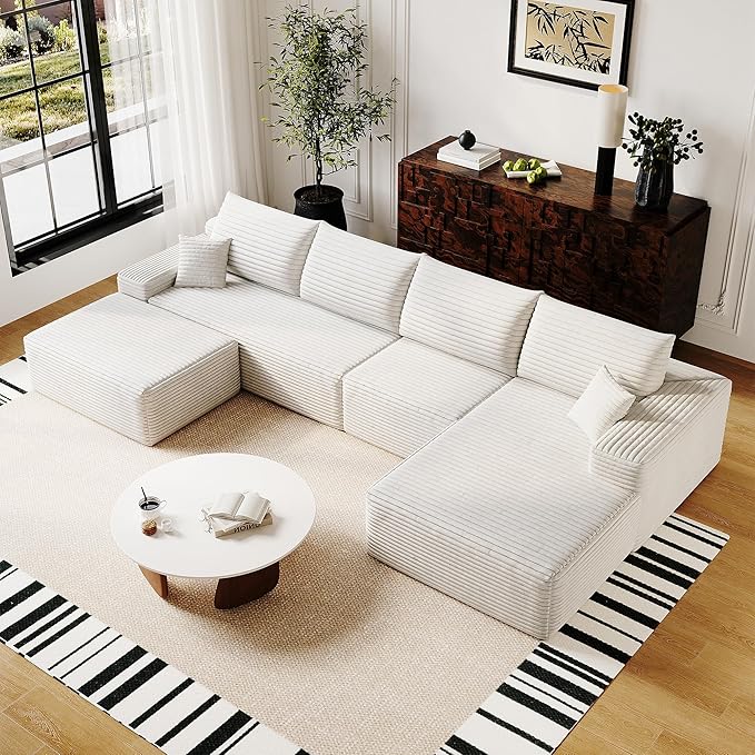 136 Sectional Couches for Living Room Cloud Couch Sofa with L-Shape Upholstered Boneless Couchs Modern Modular Sectional Couch with Chaise (White 136 Right Facing Chaise+3Seaters+Ottoman)
