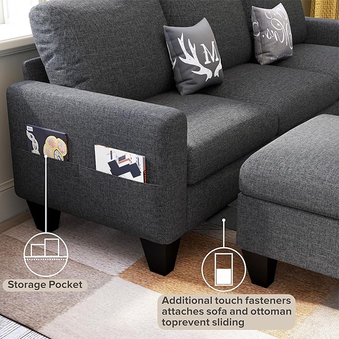 78 Sectional Sofa Couches for Living Room Dark Grey Convertible L Shaped Couch with Storage Ottoman Deep Seat Pet-Friendly Linen Fabric Sofa Set for Small Space Apartment Dorm
