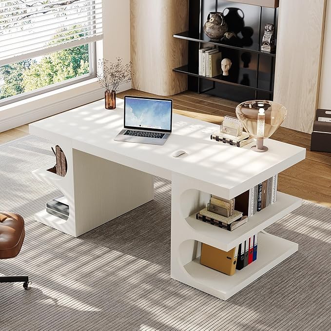 Tribesigns White Executive Office Desk 63 Computer Desk with Storage Shelves Modern Wood Study Writing Table Large Workstation Business Furniture for Home Office (Table Only)