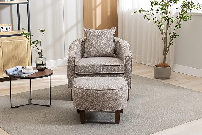 Accent Chair with Ottoman Mid Century Modern Barrel Chair Upholstered Club Tub Round Arms Chair for Living Room