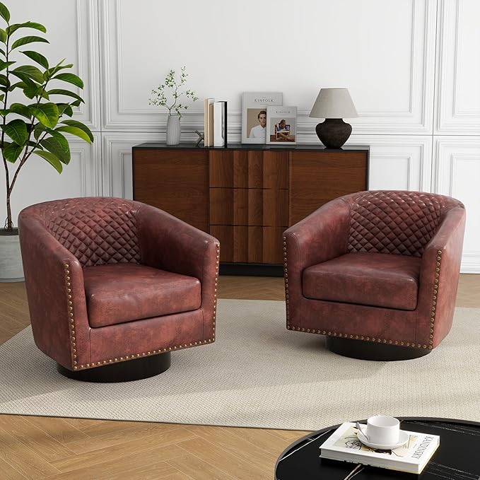 Swivel Barrel Accent Chair Comfy Modern Upholstered Round Faux Leather Arm Chair for Living Room Bedroom