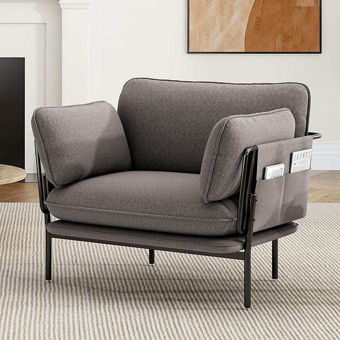 Modern Accent Chairs Set of 2 Oversized Living Room Chairs Reading Chair with Solid Metal Legs Fabric Armchair with Side Pockets and 2 Pillows Accent Chairs for Bedroom Nursery Khaki