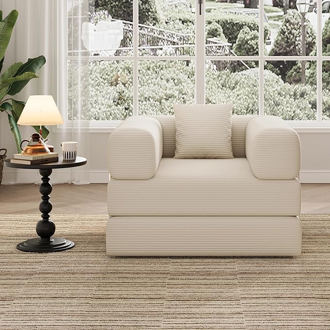 Folding Sofa Bed 2 in 1 Convertible Sofas to Lounger Comfy Single Bean Bag Chair Floor Portable Foldable Sleeper Lazy Futon Couch Chair for Bedroom Living Room (Beige 35.43 Single Sofa)