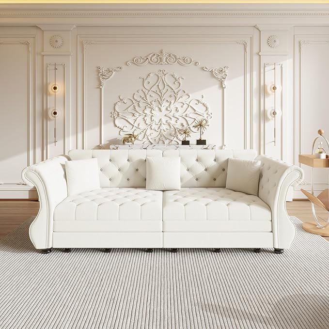 97.6'' King Size Pull Out Sofa Bed Velvet 3-in-1 Convertible Sleeper Sofa Bed Chesterfield Rolled Arm Flower Tufted Oversized Deep Seat Loveseat Sofa for Living Room Apartment Beige | Breathable