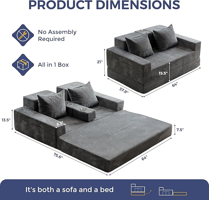 MAXYOYO Loveseat Sofa Bed 64 Foldable Floor Sofa Couch in A Box with 2 Cup Holders 4 in 1 Convertible Boneless Couch Folding Recliner Sleeper Chair for Living Room No Assembly Required Dark Grey