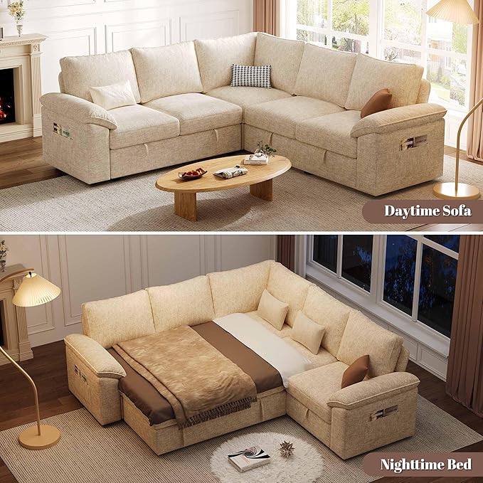 85 Inch Modular Sectional Sofa with Pull Out Bed L Shaped 5 Seat Sectional Sleeper Sofa with Storage Sectional Couches for Living Room Cloud Modular Couch Removable Sofa Cover Beige
