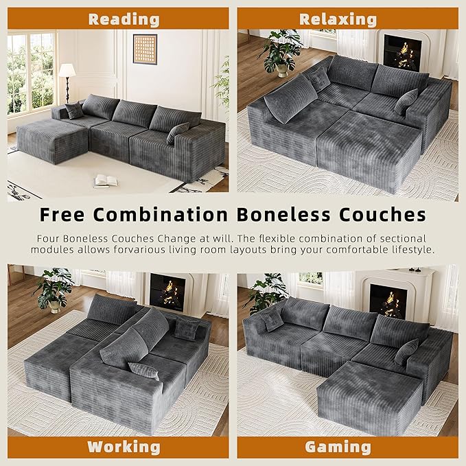 110 Boneless Couches for Living Room Cloud Couch Modular Sectional Sofa with Deep Seat Plush Large Foam Sofa L-Shape Sofa CouchNo Assembly Required Carbon Gray(Plush Corduroy Fabric)
