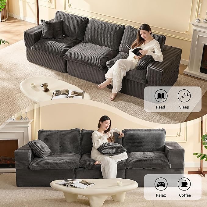 106.3” Sectional Couches for Living Room Set of Cloud Couch Modular Sectional Sofa Convertible Sofas Bed Deep Seat Sofa Corduroy Gray
