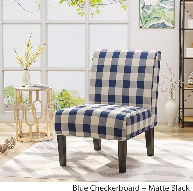 Christopher Knight Home Kendal Accent Chair Upholstered Farmhouse-Style Blue Checkerboard Matte Black Rubberwood Legs 29.2D x 22.5W x 32H in