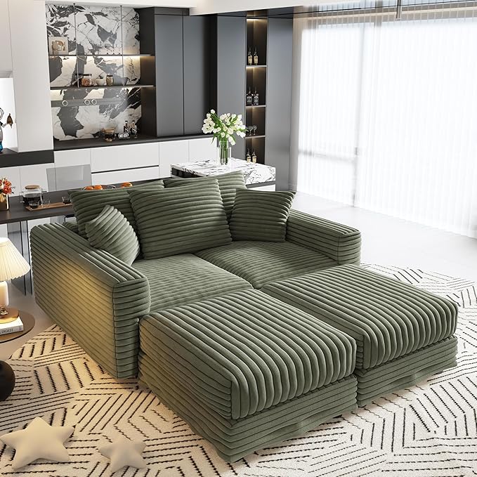 82.7'' Oversized Corduroy Couch Modular Sectional Sofa with 2 Ottomans Upholstered 3 Deep Seat U Shape Sofa Convertible Cloud Couches with Chaise Lounge for Living Room Apartment Green