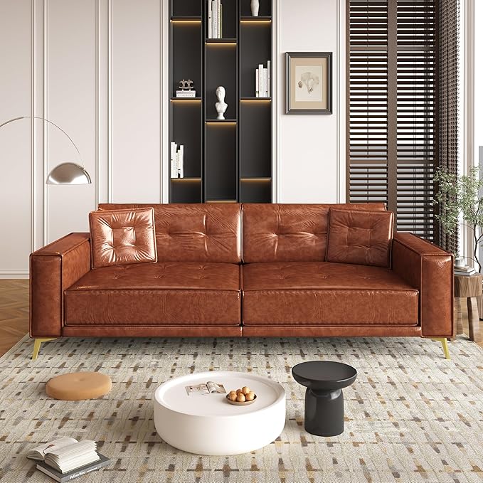 92.1King Size Pull Out Sofa Bed 3-in-1 Faux Leather Convertible Sleeper Sofa with Ultra Wide Armrests Tufted Modern Sofa with 2 Pillows for Bedroom Living Room (Orange Brown 92.1inch)