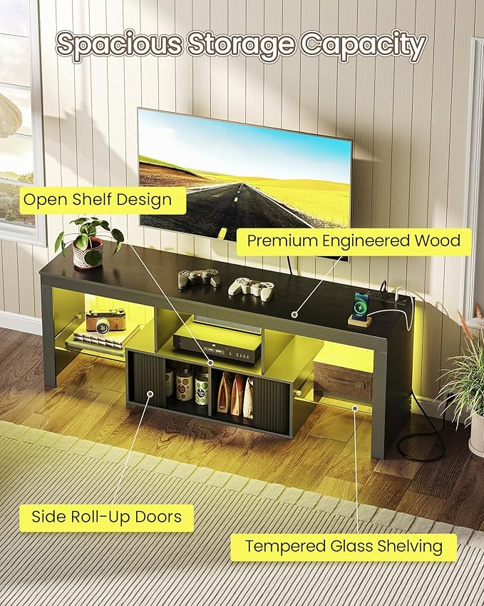 TV Stand with Power Outlet Modern TV Cabinet for 55 60 inch TVs Media TV Console with LED Light Strip Media Entertainment Center with Storage for Living Room Bedroom Black MDS02UDBB