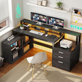 YITAHOME L Shaped Desk with 3 Drawers 65 Corner Computer Desk with Power Outlets &amp LED Lights L-Shaped Desk with File Cabinet &amp Printer Stand for Home Office Black