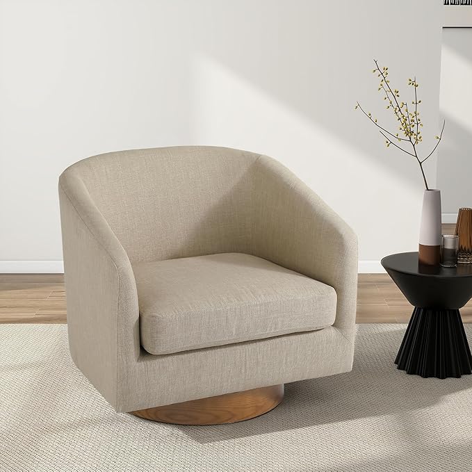 Swivel Barrel Chair Modern Round PU Leather Accent Armchair for Living Room Bedroom Oversized Comfy Club Reading Chairs for Adults (Fabric Light Brown Set of 2)