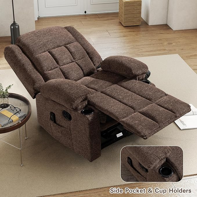 EBELLO Manual Recliner Chair for Adults with Vibration Massage and Lumbar Heating Soft Fabric Recliner Single Sofa with Side Pocket and Two Cup Holders for Living Room Set of 2 Brown