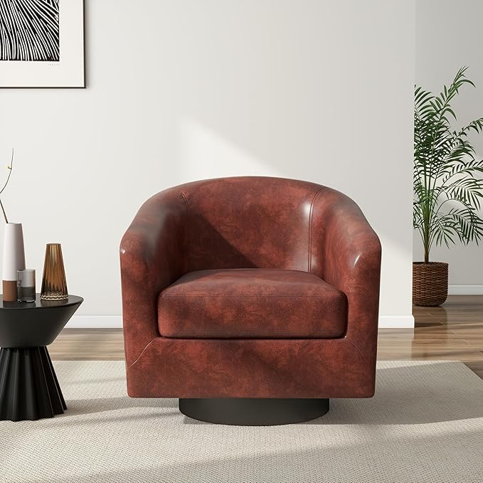 Swivel Barrel Chair Modern Round PU Leather Accent Armchair for Living Room Bedroom Oversized Comfy Club Reading Chairs for Adults (Leather Red Brown Set of 1)