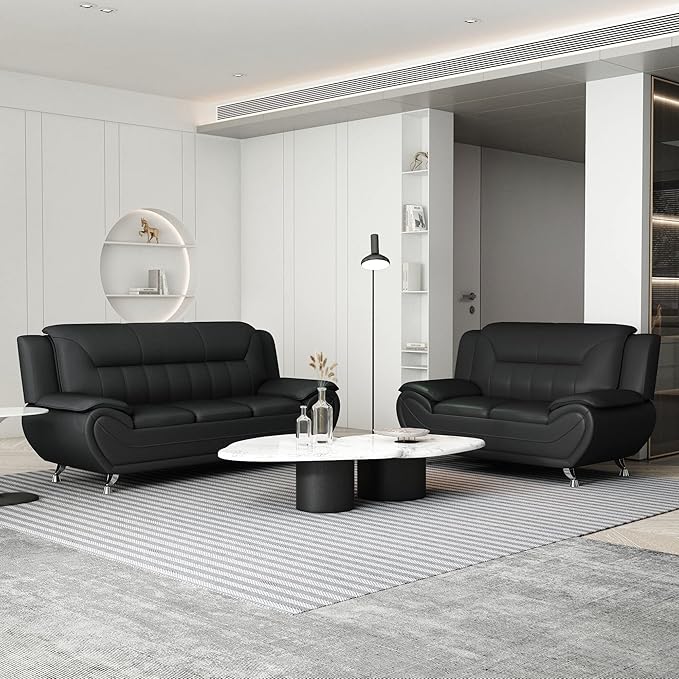 Michael Modern Faux Leather Upholstered Stainless Steel Legs Living Room Loveseat Midnight Black