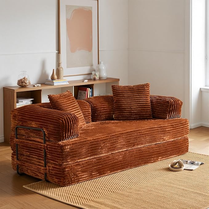 HOOOWOOO Convertible Folding Futon Sofa Bed4 in 1 Plush Corduroy Sleeper Couch No Assembly80.5 Boneless Loveseat 2 Chaise Lounge with Steel Frame(Brick Red)