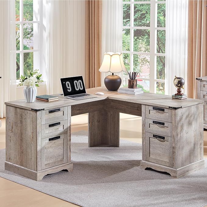 RedLemon 60 Farmhouse L Shaped Desk with Drawers Wood Home Office Corner Executive Desk with Charging Station File Drawer Storage Cabinet Rustic Computer Writing Desk (Light Rustic Oak)