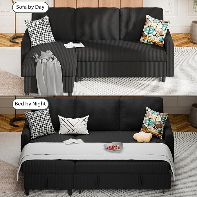 Sofa Bed Couch Sectiona Sofa 4-in-1 Multifunctional Pull-Out Couch Sleeper Sofa Couch with Storage Chaise Pullout Sectional Couches for Living Room/Office/ApartmentBlack
