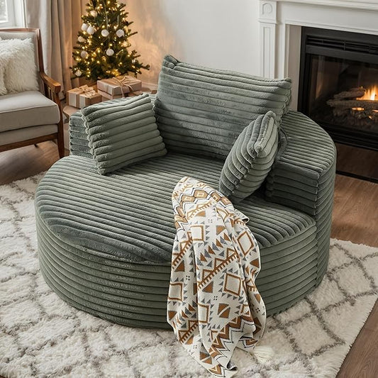 55''W Corduroy Oversized Round Chaise Longue Chair Indoor Upholstered Deep Seat Floor Sofa Chair with Pillow No Assembly Required Single Sofa Armchair for Living Room (Corduroy Green)
