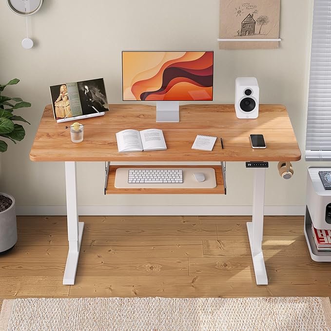 FEZIBO Standing Desk with Keyboard Tray 55 x 24 Inch Adjustable Height Sit Stand Desk with Memory Presets for Home Office Ergonomic Computer Workstation Light Rustic