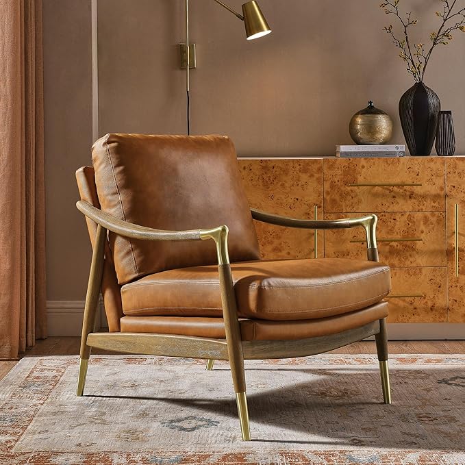 Modway Langford Faux Leather Upholstered Armchair – Mid-Century Modern Armchair with Wood Frame – PU Leather Accent Chair for Living Room or Bedroom