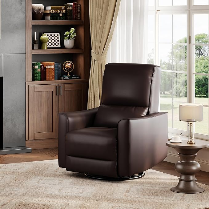 IDEALHOUSE Swivel Rocking Nursery Recliner Chair Rocker Recliner Glider Deep Seat PU Leather Sofa Chair with high Backrest for Nursery Living Room Bedroom &amp Home Movie Theater (Dark Brown)