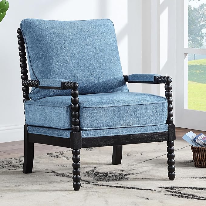 DUHOME Linen Fabric Spindle Accent Chair with Wood FrameModern Accent Spool Chairs with Padded Spring Seat and Brushed Blue Base for Living Room Bedroom Farmhouse Home Office Belcony