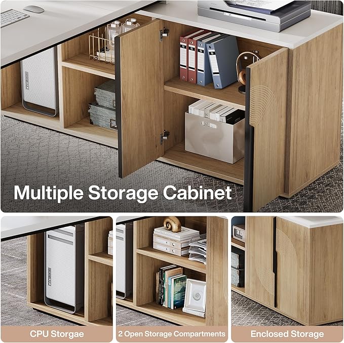 Tribesigns 74.8 Inch Executive Desk Large Office Desk with Cabinet L Shaped Computer Desk with Shelves and CPU Storage Modern Home Office Desks Business Furniture Workstation Set White and Wood