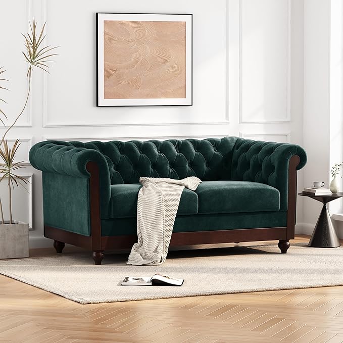 Merax Velvet Chesterfield Sofa Retro Style Upholstered 3 Seater Leather Couch Rolled Arm for Living Room Bedroom Office Dark Green