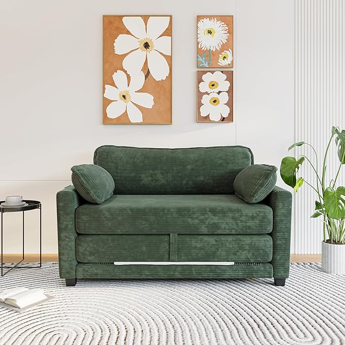 Convertible Sofa Bed Loveseat Sleeper Sofa with Side Storage &amp Solid Wood Frame Corduroy Small Couch Bed for Small Space Pull Out Floor Couch for Apartment Guest (Green 51)