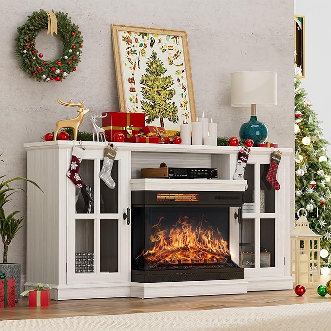 YESHOMY Glass Fireplace TV Stand for TVs up to 65 Inch Media Entertainment Center with Storage White Wash