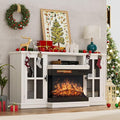 YESHOMY Glass Fireplace TV Stand for TVs up to 65 Inch Media Entertainment Center with Storage White Wash