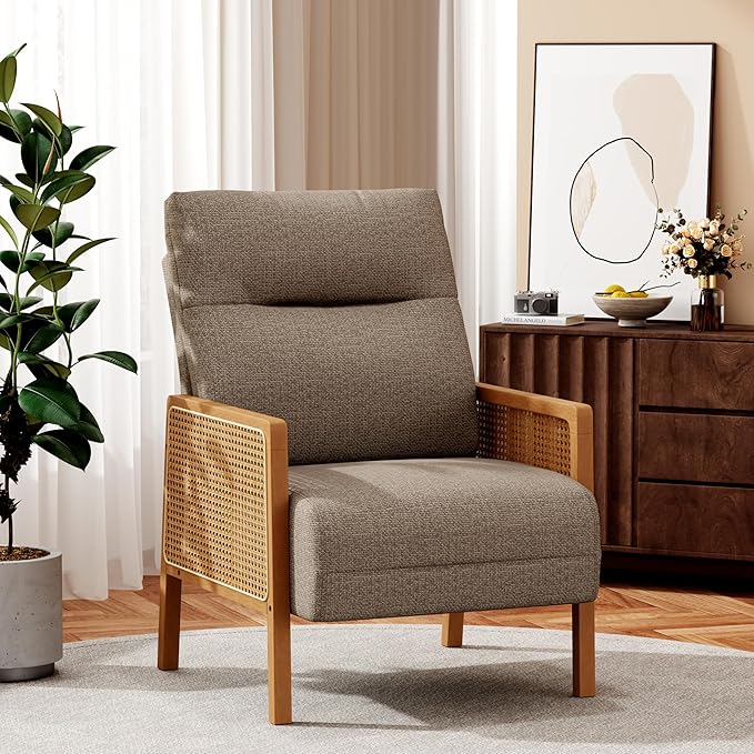 Mid Century Accent Chair Set of 2 Wooden Leisure Armchair with Rattan Armrest Boho Comfy Reading Chair for Living Room Bedroom Lounge Side Club Chair