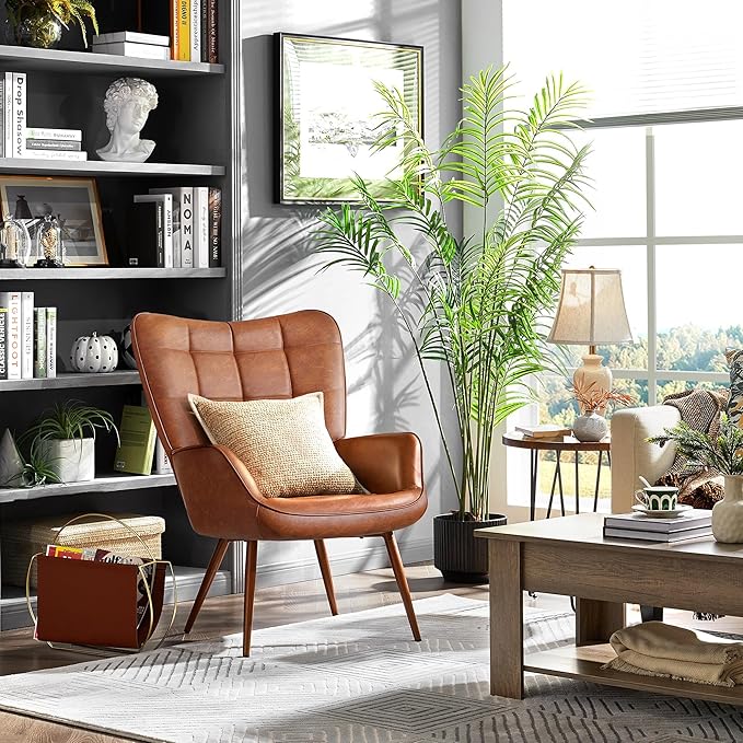 Topeakmart PU Leather Accent Chair Modern Armchair with Tufted High Back Oversized Vanity Chair Reading Chair for Living Room/Bedroom Brown
