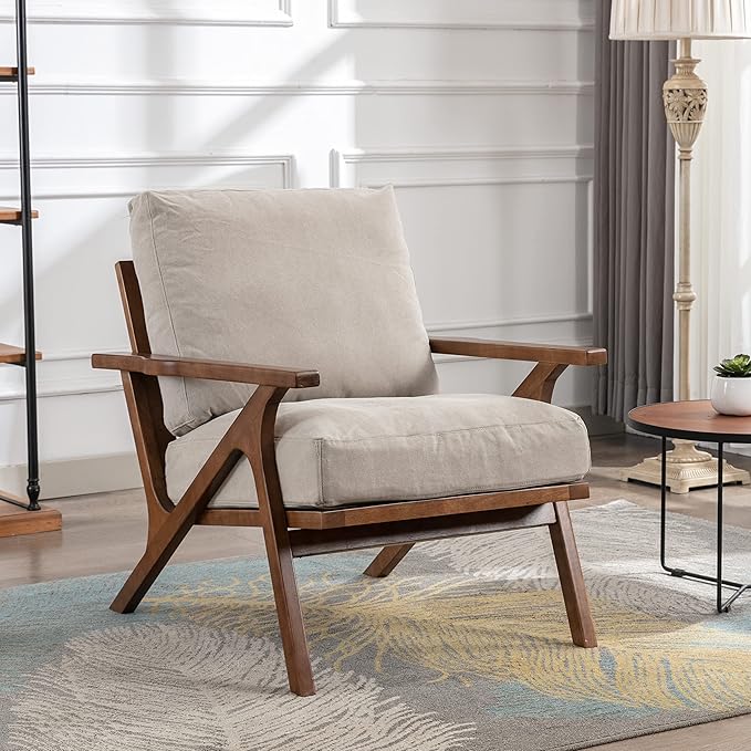 chairus Mid-Century Modern Accent Chairs Set of 2 Comfy Upholstered Lounge Armchairs with Removable Cushions &amp Solid Wood Frame Reading Chairs for Living Room Bedroom Office Beige Denim Fabric