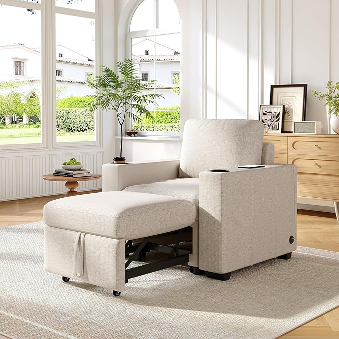 35.4 Convertible Pull-Out Sofa Bed Modern Couch Single Sofa Chair with Dual Cup Holders Luxurious Chenille Fabric Sofa Bed for Living Room (Beige42)