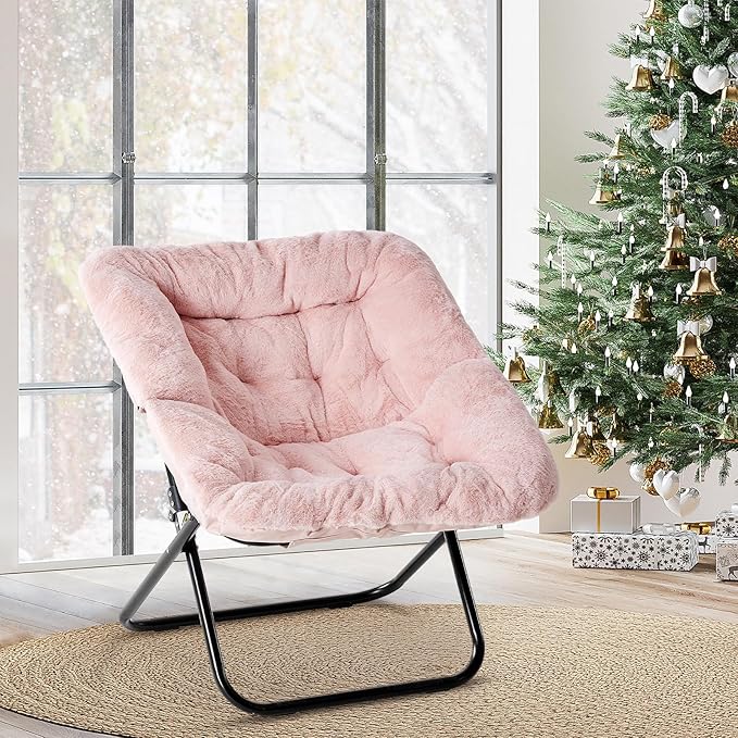 Comfy Saucer Chair Faux Fur Disc Chair Foldable Lounge Lazy Chairs for Living Room Bedroom Dorm Reading Chair for Kids Adults Girls Teens Pink