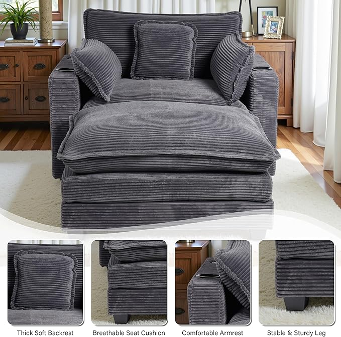 Corduroy Oversized Chair with Seat Pad - 44 Wide King Comfortable Chair and Seat Cover Set Modern Single Sofa Armrest with USB Port and Cup Holder Living Room Cloud Lounger (Grey)