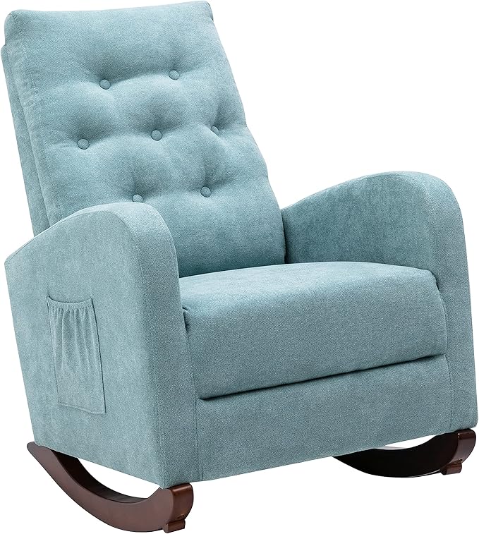 Cozy Linen Reclining Rocking Chair with Side Storage Pocket Comfortable Button Tufted Rocker Elegant and Functional Rocking Recliner Chair Ideal for Living Room &amp Nursery Mint Green