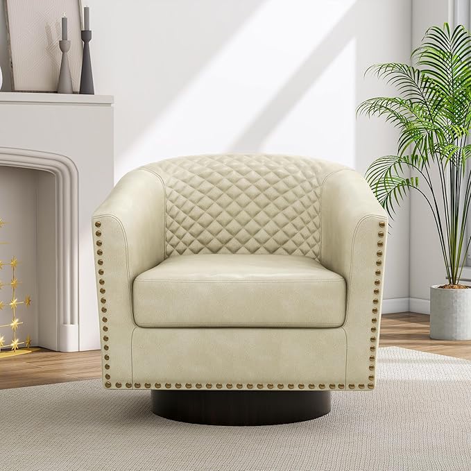 Pia Ricco Faux Leather Swivel Barrel Accent Chairs Set of 2 360° Swivel Round Single Sofa Chair Comfy Upholstered Club Armchair with Nailhead Trim for Living Room/Reading Room/Bedroom Beige